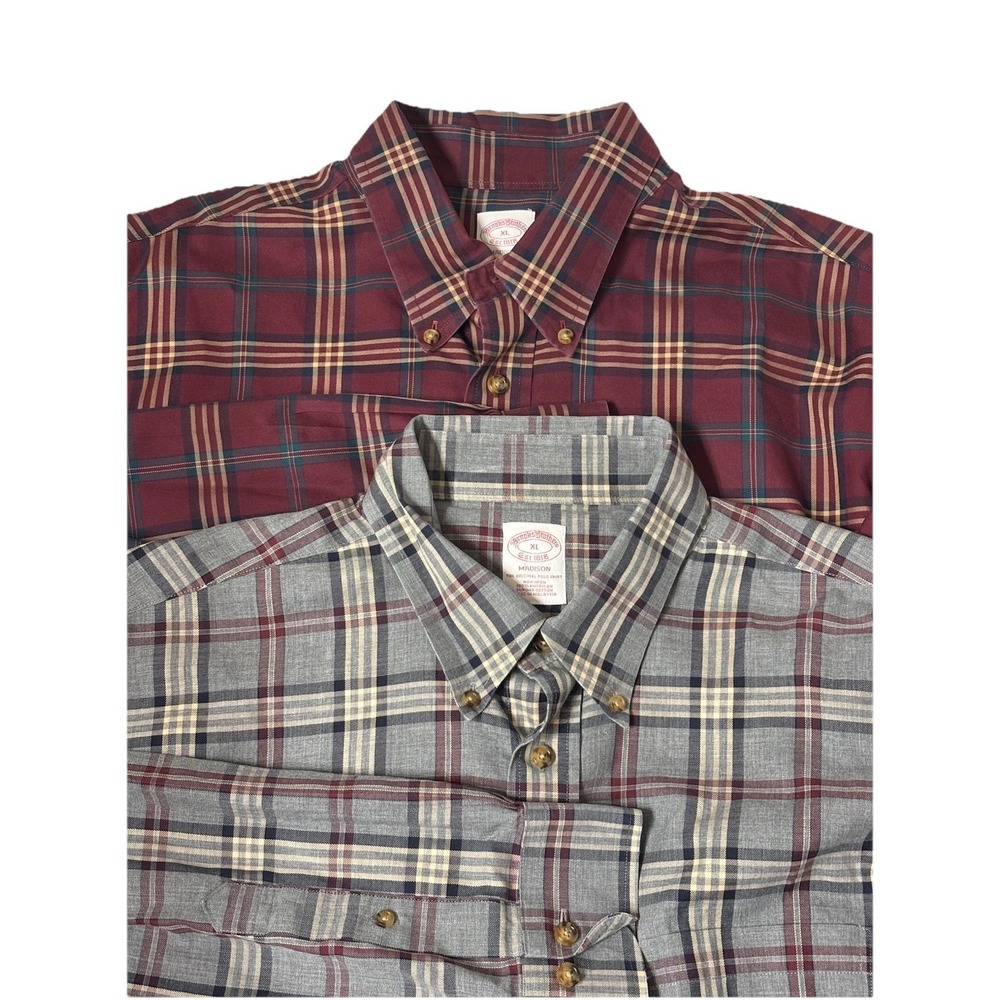 2 Shirt Lot Brooks Brothers Mens XL Madison Plaid Gray Blue Burgundy Red Button
